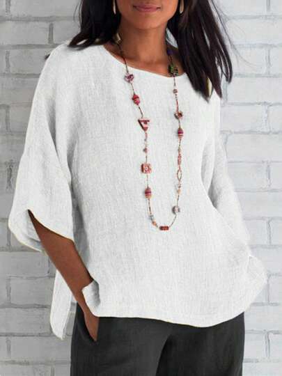 Women Fashion Casual Shirts Solid Color 3/4 Sleeve Round Neck Blouses Summer Loose Tops Streetwear