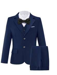 5pcs Boys Suit Set, Toddler Tuxedo Formal Wear, Ring Bearer Outfit, Wedding Suit Jacket, Vest, Pants, Shirt, Tie, Formal Children Suit, Navy Blue, Size 6-16 Years