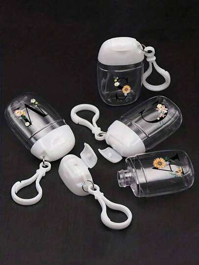 Creative Printing Of Daisy Flower Letters A-Z Pattern, Transparent Empty Bottle Hand Sanitizer, Travel, Bracket Hook Key Chain, White Flip Cover, Reusable Lid, Portable Empty Bottle Can Be Refilled, Cosmetics Container, Suitable For Liquid Lotion, 1oz (About 28.3g) 30ml Travel Essentials School School Supplies Holiday Camping Holiday Essentials Vacation Accessories Mini Perfume For Women Perfume For Men Perfume Beach,Back To School