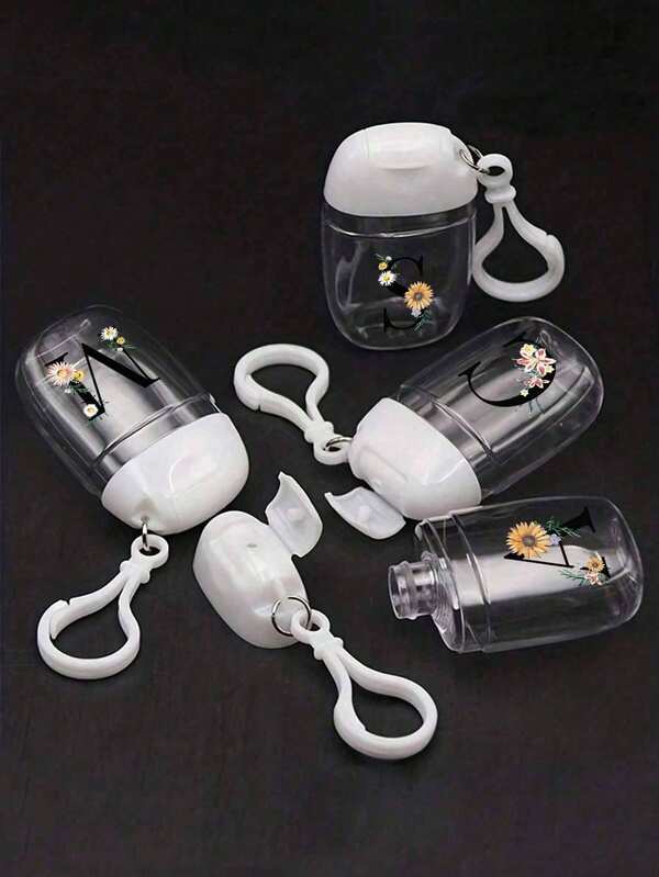 Creative Printing Of Daisy Flower Letters A-Z Pattern, Transparent Empty Bottle Hand Sanitizer, Travel, Bracket Hook Key Chain, White Flip Cover, Reusable Lid, Portable Empty Bottle Can Be Refilled, Cosmetics Container, Suitable For Liquid Lotion, 1oz (About 28.3g) 30ml Travel Essentials School School Supplies Holiday Camping Holiday Essentials Vacation Accessories Mini Perfume For Women Perfume For Men Perfume Beach,Back To School