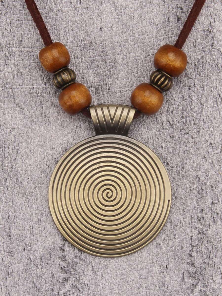 1 pieza Collar largo de metal con aleación con cuentas y diseño geométrico, estilo retro para mujer - Hilo de bronce + cuentas de camello - Ver 1