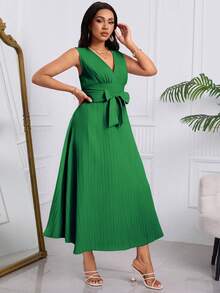 Elegant Vestido Tank Textura Con Cordones Con Lazo Para Mujer, Vestido Largo De Moda Con Cuello En V Y Cintura Alta Ajustable,Vestido Casual De Línea A Unicolor - Verde - Ver 5