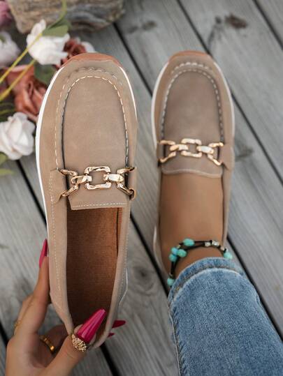 Women's Flat Loafers, Fashion Metal Buckle Decor Ladies Casual Slip-On Shoes, Comfortable Moms/Student Wear