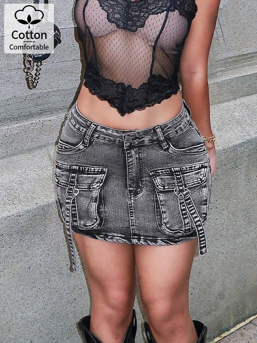 Chân váy denim ngắn ôm sát người kiểu vintage wash dành cho nữ, chân váy denim cotton ôm dáng gợi cảm. - Xám - Xem 1