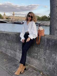 2026 Spring/Summer New Casual Elegant Ruffle Trim Lantern Sleeve Button Front Blouse, Women's Graceful Top, Suitable For Valentine's Day, New Year, Music Festival, Graduation, Summer Holiday, Spring Outfits, Party, Birthday, Beach, Vacation, Casual Wear, Y2K White - White - View 6