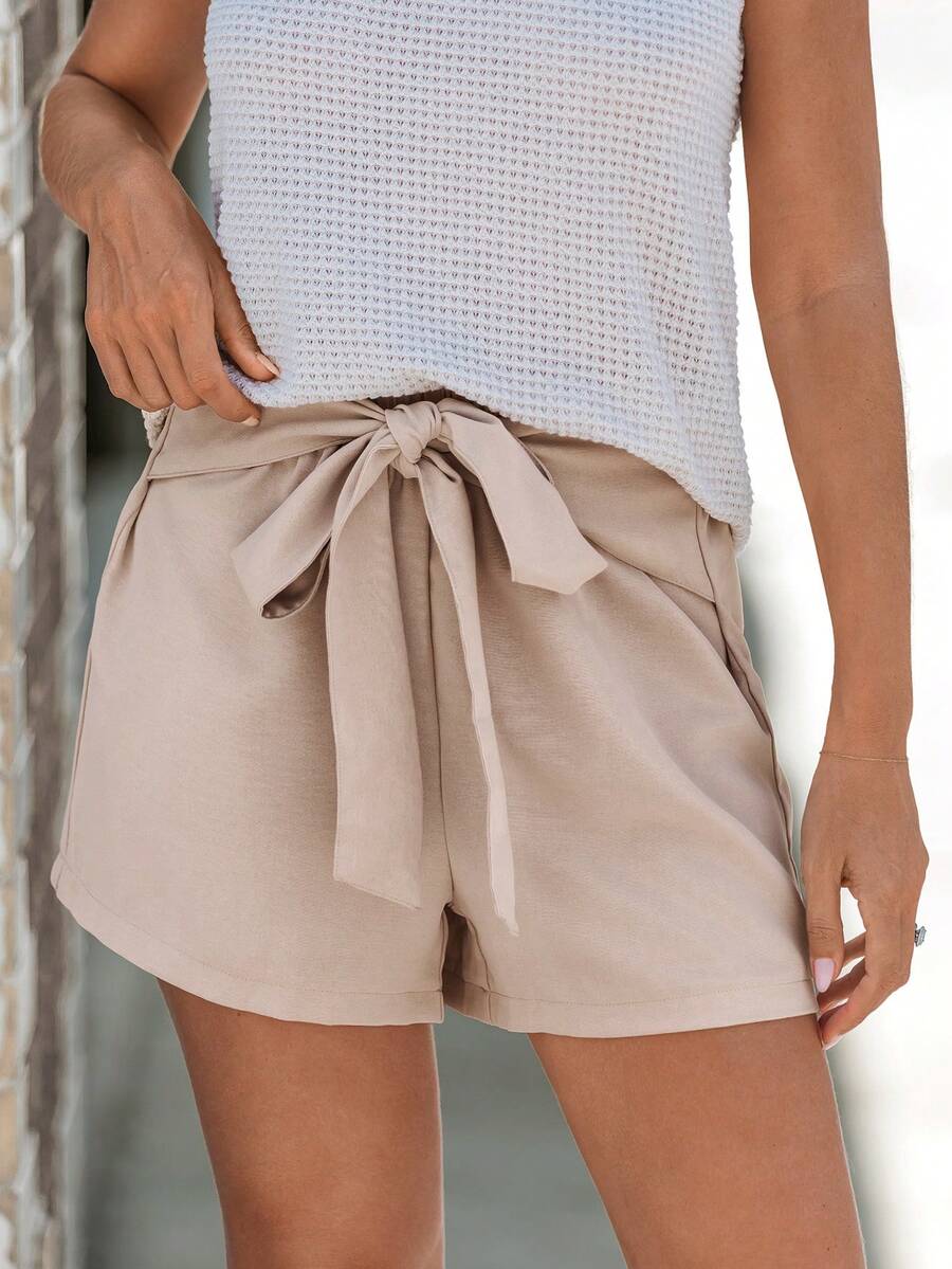 EMERY ROSE Women's Elastic Waist Bowknot Tie Casual Shorts - Khaki - View 1