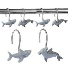 12 Pcs Grey Metal Resin Shark Ocean Animal Series Shower Curtain Hooks, Bathroom Accessories & Home Decor