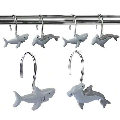 12个灰色金属树脂鲨鱼海洋系列浴帘挂钩，耐用浴室配件和家居装饰