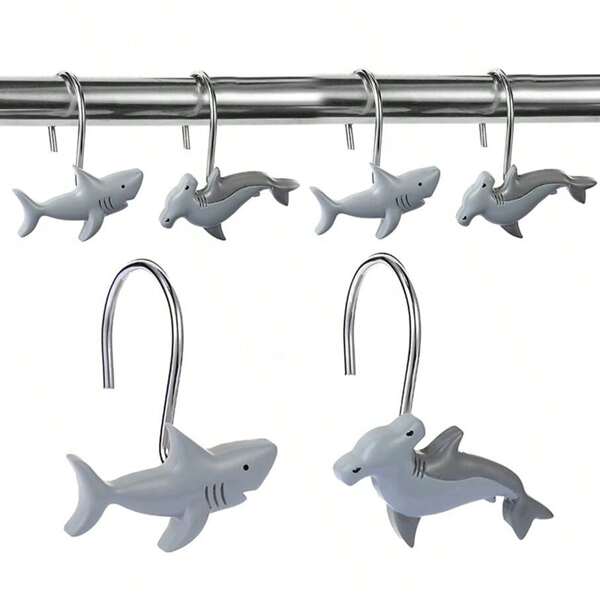 12 Pcs Grey Metal Resin Shark Ocean Animal Series Shower Curtain Hooks, Durable Bathroom Accessories & Home Decor