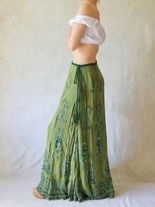 Mori Girl Style Maxi Skirt Cottage Vintage Graphic Print Long Skirt 2000s Cyber Grunge Tie Up High Waist A-Line Skirt Y2k Outfit - 綠色 - 查看 1