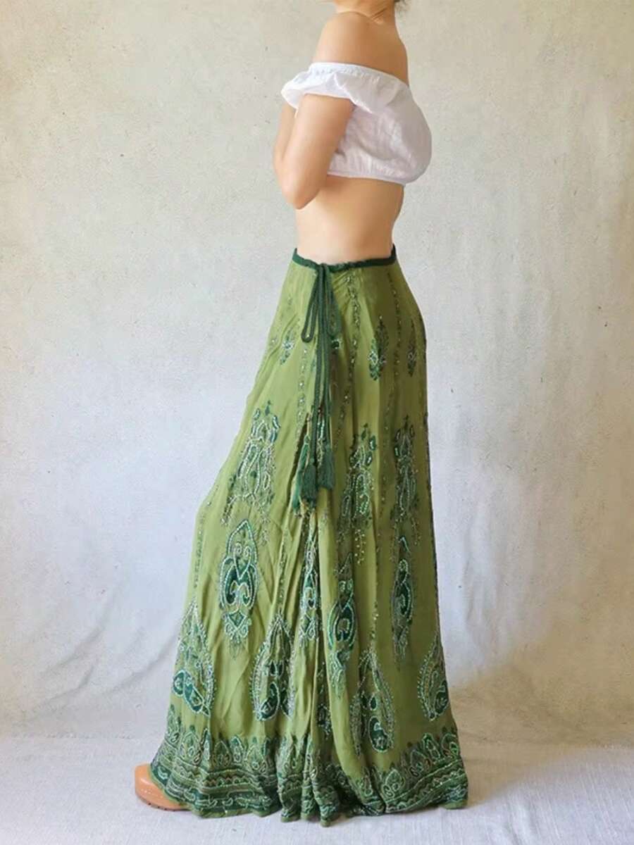 Mori Girl Style Maxi Skirt Cottage Vintage Graphic Print Long Skirt 2000s Cyber Grunge Tie Up High Waist A-Line Skirt Y2k Outfit - 綠色 - 查看 1