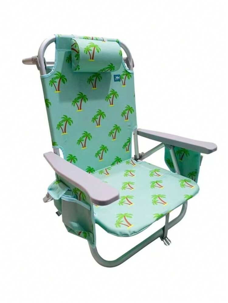 Reclining Aluminum Beach Chair - 8 Adjustable Positions, Removable Cooler Bag, Side Pockets, Supports Up To 113 Kg - 綠色棕櫚樹 - 查看 1