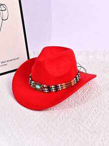 1 件男女通用巴拿马草帽，牛仔毡帽，带绿松石带，复古卷边太阳帽，送给朋友的礼物，开学季