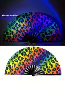 13 Inch Fluorescent Folding Fan - Glow-In-The-Dark Gothic Sun & Moon Constellation Design, Vibrant Rainbow & Leopard Print Fan,Large Black PP Material For Halloween, Raves, Clubs, Concerts, Themed Parties, Cosplay, Costume Props, Gifts, And Dance Events, Halloween Decorations, Without Battery