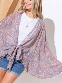 Womens Casual Cover Up Boho Chic Paisley Print Bell Sleeve Kimono Cardigan Front Tie Wrap Light Gray Pink Pattern Open Front Beach Resort Wear Summer Spring Vacation Beachwear Loose Fit - 多 - 查看 10