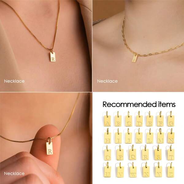 14K Golden Plated Stainless Steel Letter Pendant, Vintage Boho Style, Rectangular English Alphabet Charm, DIY Jewelry Chain Accessory For Daily Wear