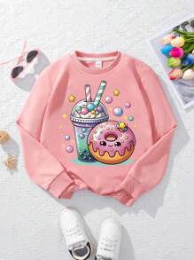 1 Pc Girls' Cute Style Donut & Bubble Tea Print Long-Sleeve Sweatshirt, Soft Fabric, Perfect For Daily Casual Spring & Autumn - Pink - View 2