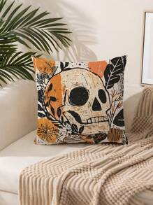 1 pieza Funda de cojín de otoño, estampado bohemio de calabaza fantasma y mapache, tela de poliéster con cremallera, estampado de una sola cara, sin inserto de cojín, decoración del hogar de otoño y Halloween, adecuado para el estilo rústico, patio exterior, sofá, cama, artículos para fiestas