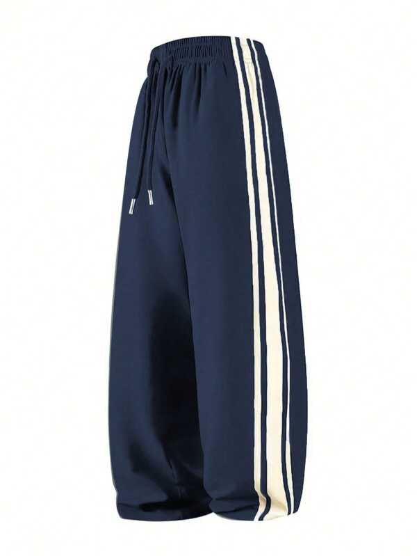 1 pieza Pantalones deportivos casuales de corte holgado para hombre, adecuados para verano, playa, vacaciones, uso diario, actividades al aire libre, fitness, trotar, pantalones rectos holgados a rayas, estilo callejero de moda para el verano
