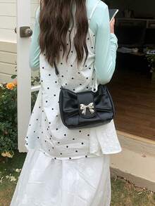 Cute Bow Decor Women's Shoulder Bag, Fashion Crossbody Bag For Girls, Pink Casual Handbag Suitable For Music Festival, Wedding, Spring Outing - Black - View 5