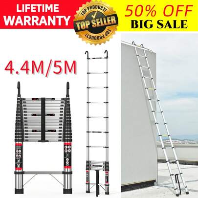 AutoFu 4.4m/5m Extension Ladder With Detachable Hooks, 150KG Max Capacity Portable Multi Purpose Extendable Loft Ladder Portable Folding Ladder For Roof Attic Caravans Multipurpose, Non-Slip, High Quality