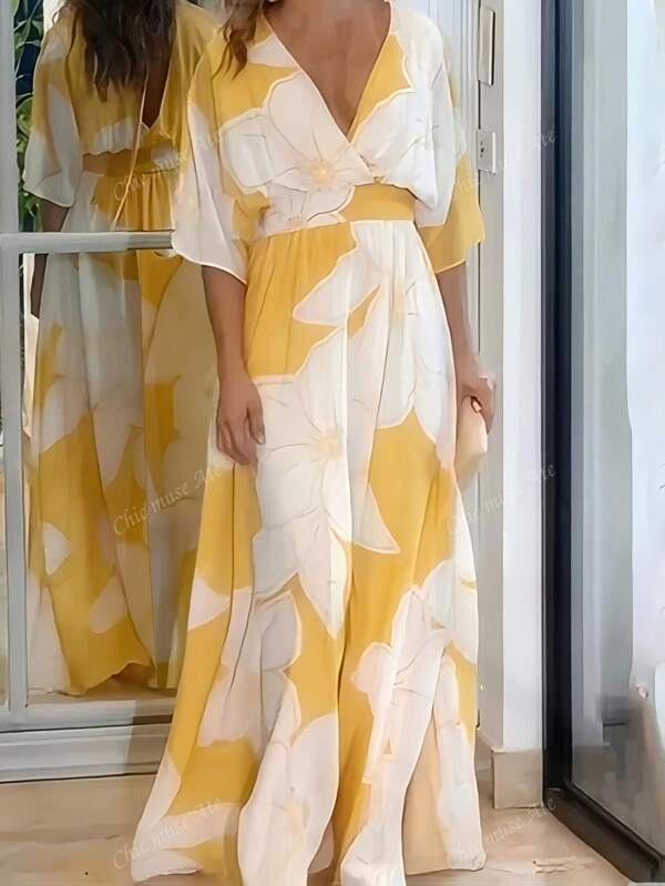 Robe longue fleurie à taille élastique et dos nu croisé, style élégant et décontracté. Convient pour une soirée, un jardin