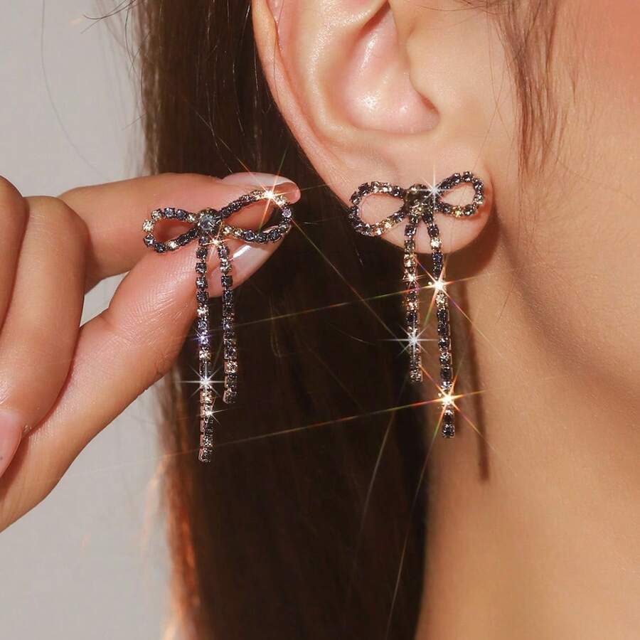 Bow Earrings For Women Rhinestone Long Tassel Earrings Ribbon Bow Drop Earring Silver Stainless Steel Dangle Earrings Cute Sparkly Jewelry - màu nâu - Xem 1