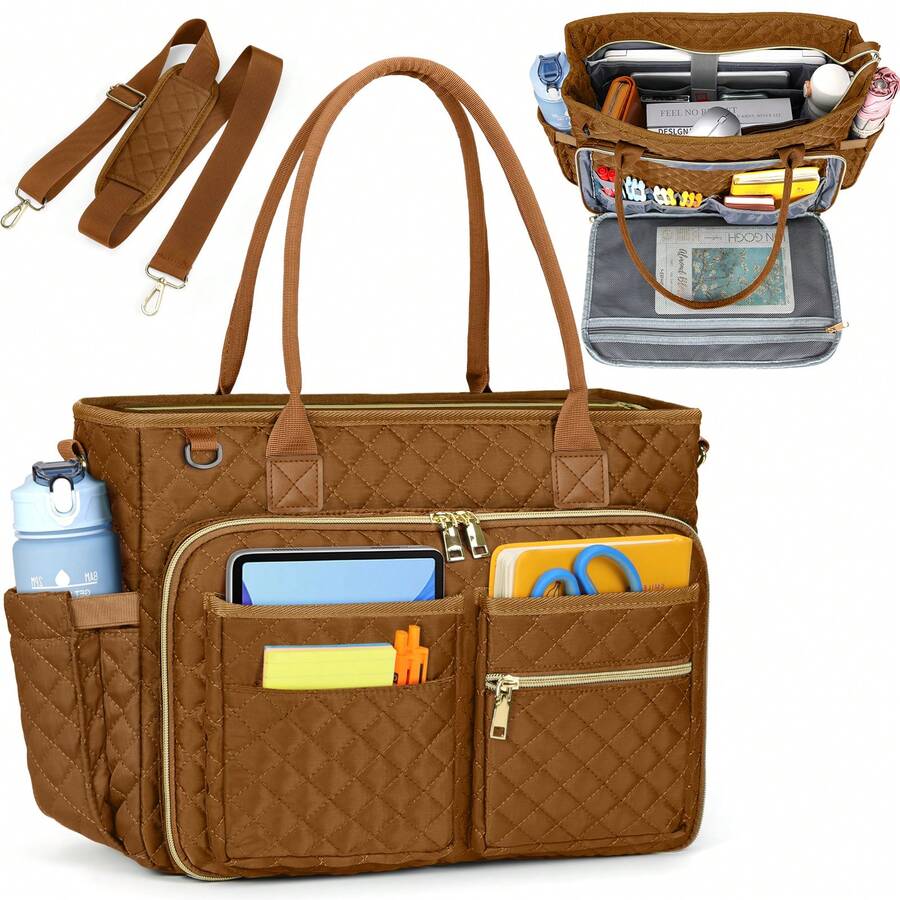 Teacher Tote Bag 15.6 Inch Laptop Bag For Women Work Bag Laptop Tote Nurse Bag Professional Computer Messenger Bag With Insulated Pocket, Laptop Briefcase For Office, College, Nursing - 深棕色 - 查看 1
