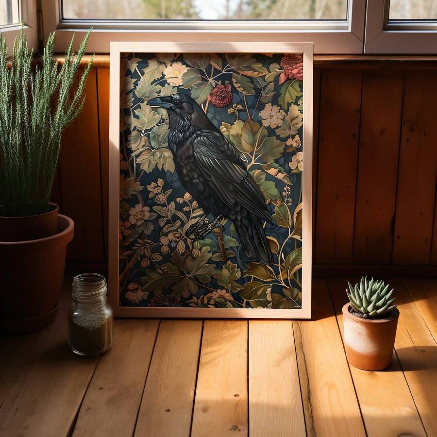 1pc Frameless Vintage Crow Wall Art Gothic Victorian Bird Print With Dark Academia Style & Medieval Botanical Motifs, Rustic Room Decor For Bedroom/Dorm/Party, Perfect Gothic Gift For Back To School Funky Posters, Wall Prints - Multicolor - View 1