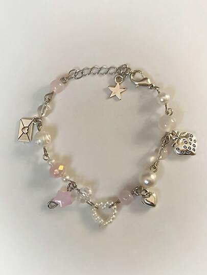 1 件天然珍珠粉红星、心形和草莓信封吊坠手链，女士日常派对情人节情侣礼物