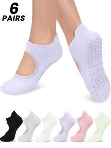 1/2/4/6 双女士瑜伽普拉提透气网眼露背防滑袜子，纯棉运动踝袜 - 彩色 - 查看 1