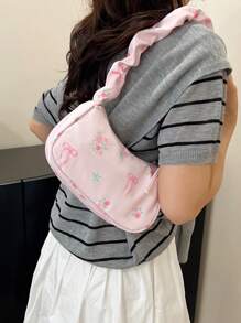 1 Peça Bolsa Transversal de Lona Floral Versátil, Bolsa com Alça de Ombro Casual Fofa com Cordão Embaixo do Braço, Portátil