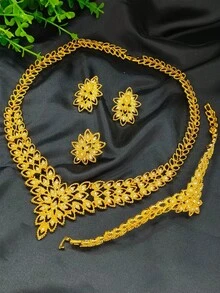 4件套女士黄金吊坠项链、耳环、手链、戒指首饰套装，适合中东女性、迪拜新娘，可用于婚礼、派对、舞会、母亲节、生日、约会、节日礼物、日常佩戴。 - 金黃色 - 查看 3