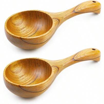2 Pack Wooden Kitchen Scoop Ladle,Multipurpose Large Solid Wood Water Spoon Serving Soup Tablespoon For Cooking,Bath Salt,Canisters Flour