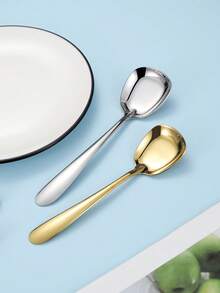 4pcs Stainless Steel Angled Handle Flat Spoon, Korean Style Ingot Shaped Dessert Spoons, Household Use - Multicolor - View 6