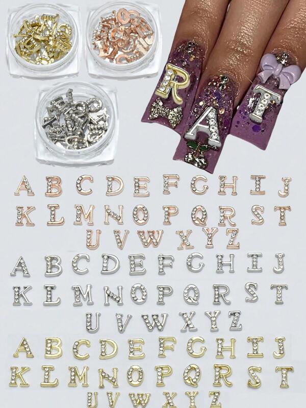 26 piezas/Caja Letras del alfabeto de aleación con strass planos dorados/plateados como accesorios de decoración de arte de uñas