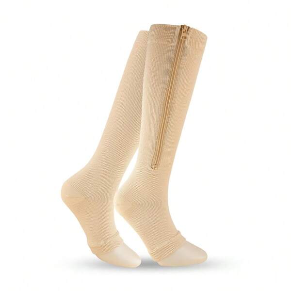 1 paire de chaussettes de compression sans orteils pour femmes, chaussettes hautes jusqu'au genou avec zip latéral, confortables pour les mouvements, chaussettes de prévention des varices, des chaussettes ajustées à la peau