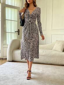 Leopard Print Elegant Casual Twist Slit Twist Dress, Women's Autumn Leopard Print Elegant Twist V-Neck Midi Dress, Casual Party Dress - Multicolor - View 4