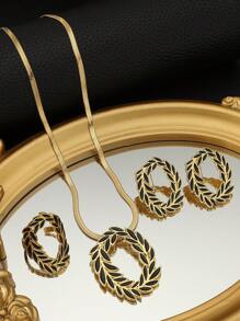 4pcs/Set Fashionable Gold Carved Black Leaf Pendant Necklace, Earrings, Ring Set, Suitable For Women's Daily Wear Or Dating Gift
