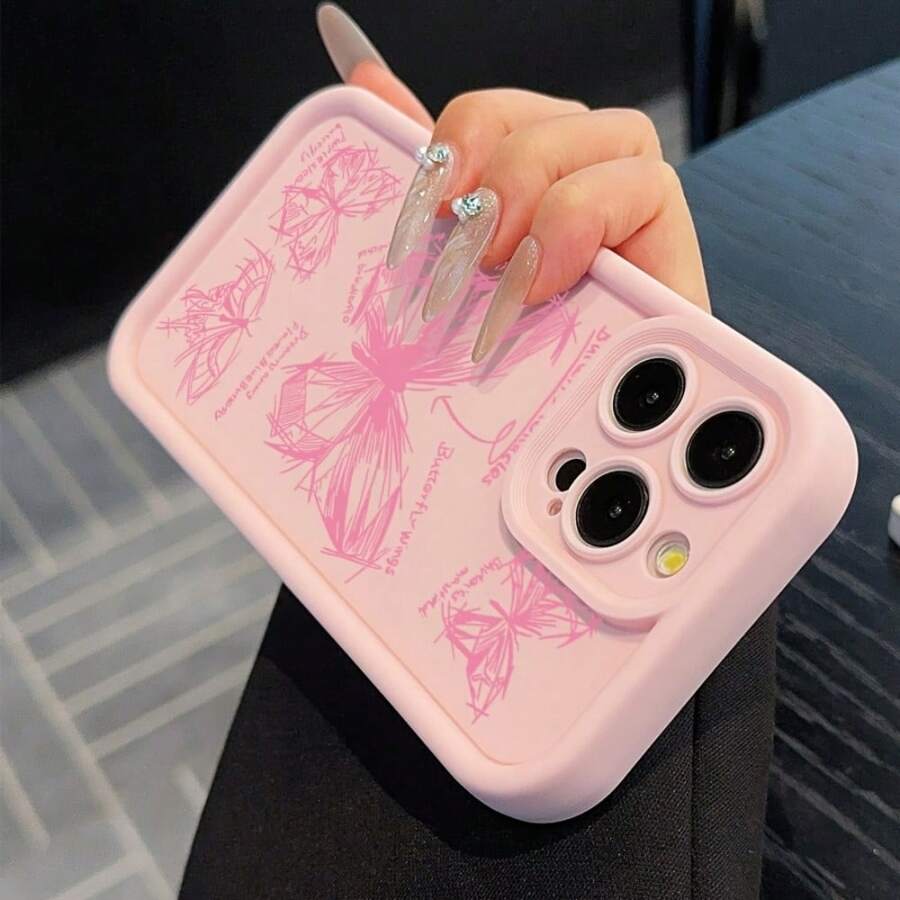 Pink Hand Painted Butterfly Phone Case Soft Frosted Full Packaging Suitable For Phone 16e/16/15/14/13/12/11/ProMax/Pro/Plus/XSMax/XS Phone Case