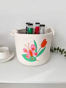 1 Piece Round-Shaped Handwoven Storage Basket, Suitable For Hallway, Laundry Room, Bedroom, Living Room, Foldable For Child Toys, Clothes, Pillows, Blankets, Large Capacity Thick Rope Woven Laundry Basket With Lucky Knot Handle - Multicolor - View 5