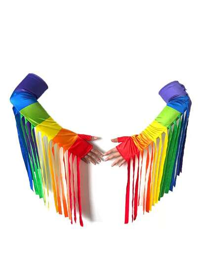 1 对色块彩虹流苏袖套，多色派对、狂欢节游行、社交活动、表演配饰，适合所有季节