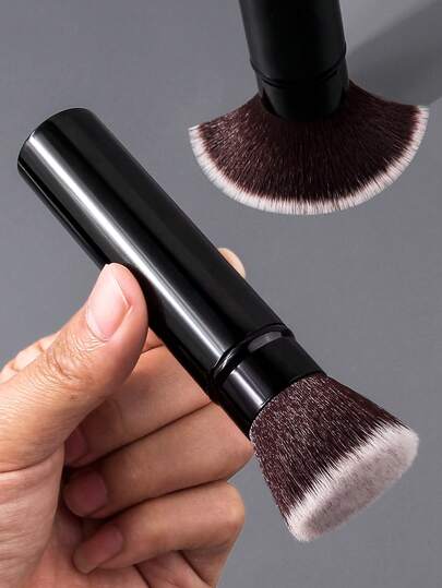 1支软纤维铝管平头腮红刷，散粉刷，适用于自然妆容，旅行便携化妆刷工具