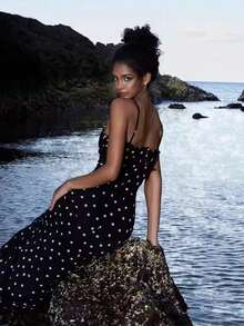 New Women's Summer INS French-Style Elegant Slim-Fit Backless Polka Dot Spaghetti Strap Dress  Polka Dot  Colorblock    Party  Elegant    Backless  Criss Cross  Zipper    Formal & Evening - 黑色 - 查看 4