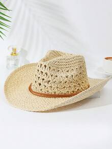 1pc Unisex Solid Hollow Out Cowgirl Hat Sun Hat Wide Brim Handmade Sun Visor Windproof Rope Cowboy Hat Perfect Beach Hat Straw Hat For Outdoor - Multicolor - View 2