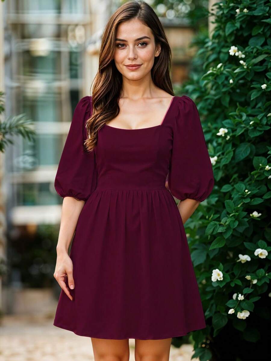 Vestido Corto de Escote Cuadrado con Manga Abullonada Casual para Mujer - Rojo violeta - Ver 1