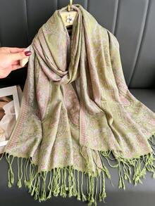 1pc Women Luxurious And Multifunctional Paisley Hijab And Paisley Jacquard Long Scarf, Shawl - Green - View 2