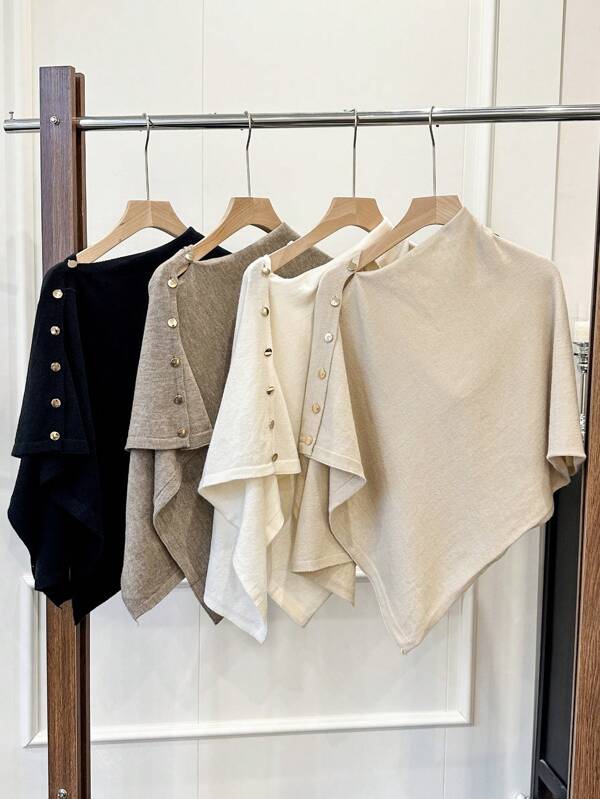 1pc Women's Solid Color Knitted Cardigan With Side Buttons, Rivet Decor, Sun Protection, Warm, Casual, Elegant, Suitable For Office, Travel, Outdoor, Back To School, Spring/Autumn/Winter