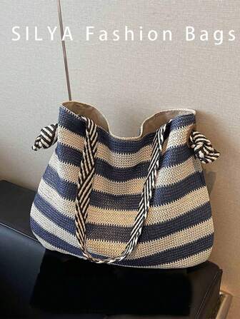 女士大容量休闲沙滩托特包，配有固定肩带和磁扣 - 耐用面料沙滩包，适合旅行、购物、日常使用，多种颜色可选，日常使用包，时尚黑白条纹单肩手提包风格纹理面料包