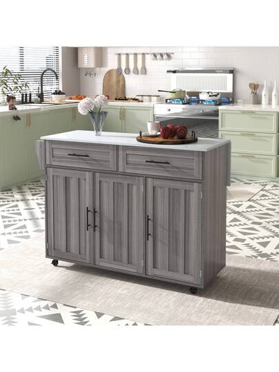 Kitchen Isl Sideboard Marble Effect Worktop, Extendable Tabletop Storage Space, Serving Trolley Wheels Drawers, Ideal Dining Room
